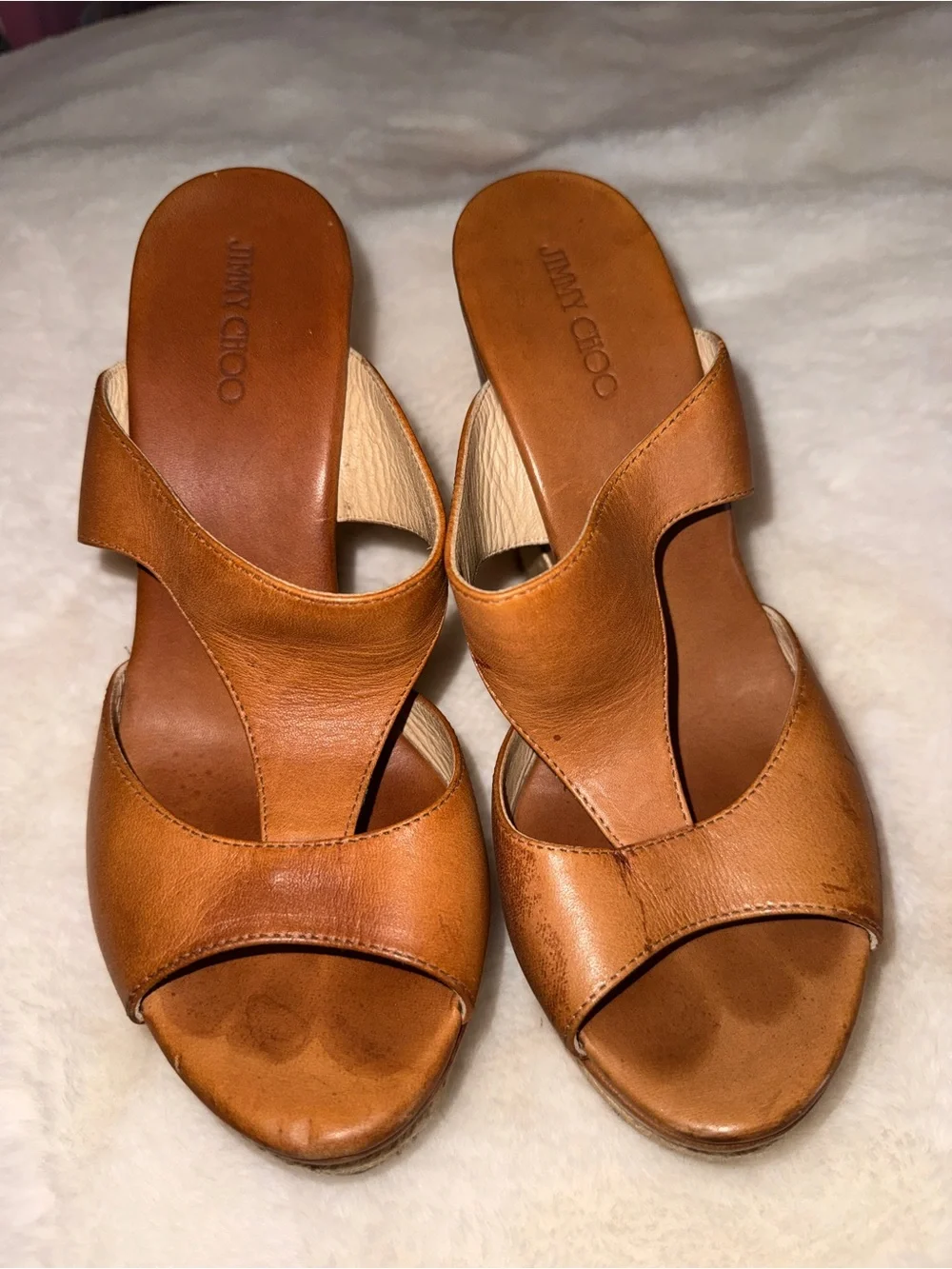 Jimmy Choo Cognac Leather Espadrille Wedge Sandals